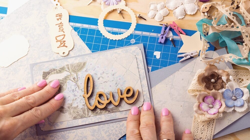 scrapbook background. Card and tools with decoration